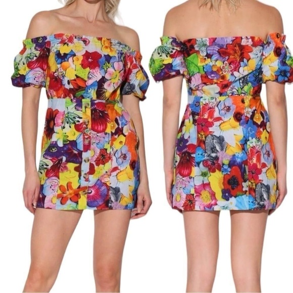 NWT Walter Baker Kylie Puff Sleeve Off the Shoulder Mini Dress Colorful Sz 0 - Picture 2 of 14